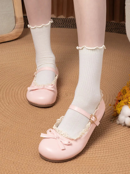 Spring Autumn Pink White Mary Janes Flat Shoes Woman Round Toe Buckle Strap Lolita Girls Student Ballet Flats Plus Size