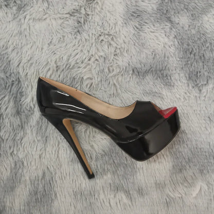 LOSLANDIFEN Women Pumps Sexy Peep Toe Platform 14cm Super High Heels Patent Leather Shoes Red Wedding Stilettos Large Size 44