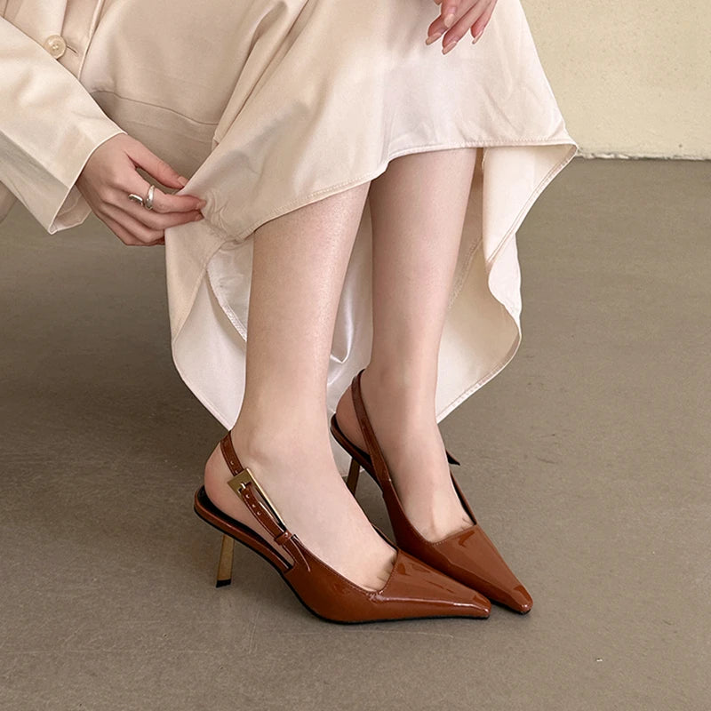 SUOJIALUN 2024 Spring New Band Women Pumps Shoes Fashion Shallow Slip On Slingback Sandals Thin High Heel Dress Sexy Pumps Shoes