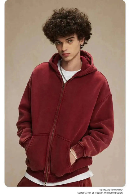 IEFB Men's Wear Wax Printing Vintage Male Hoodies Oversized Loose Zipper Water Washed Plush Sweatshirt Trendy New 9C9349