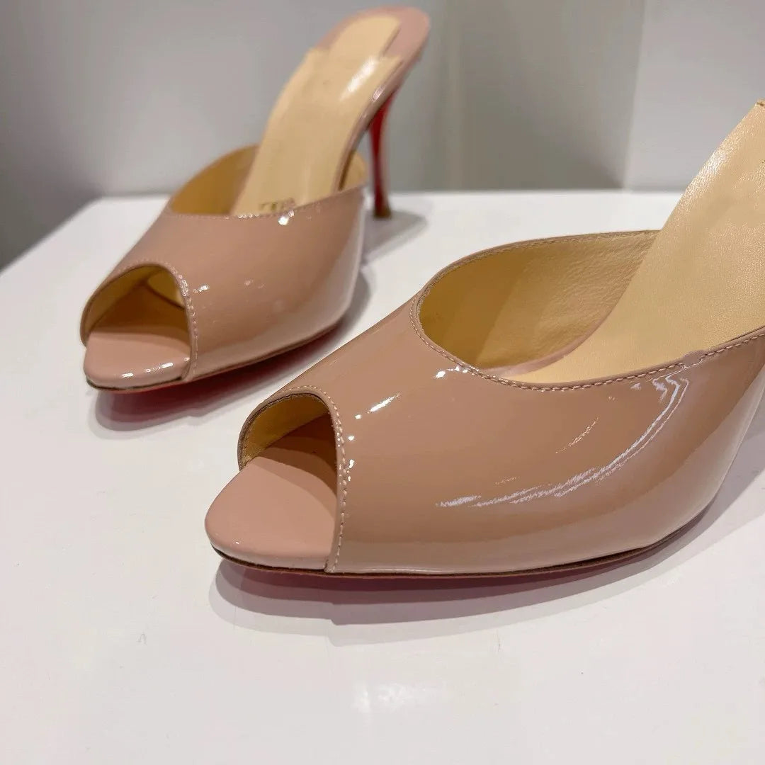 2026 New Black Fish Mouth Ultra High Women's Shoes, Sexy High Heels, Wearing Straight Pointed Lacquer Leather Open Toed Slippers