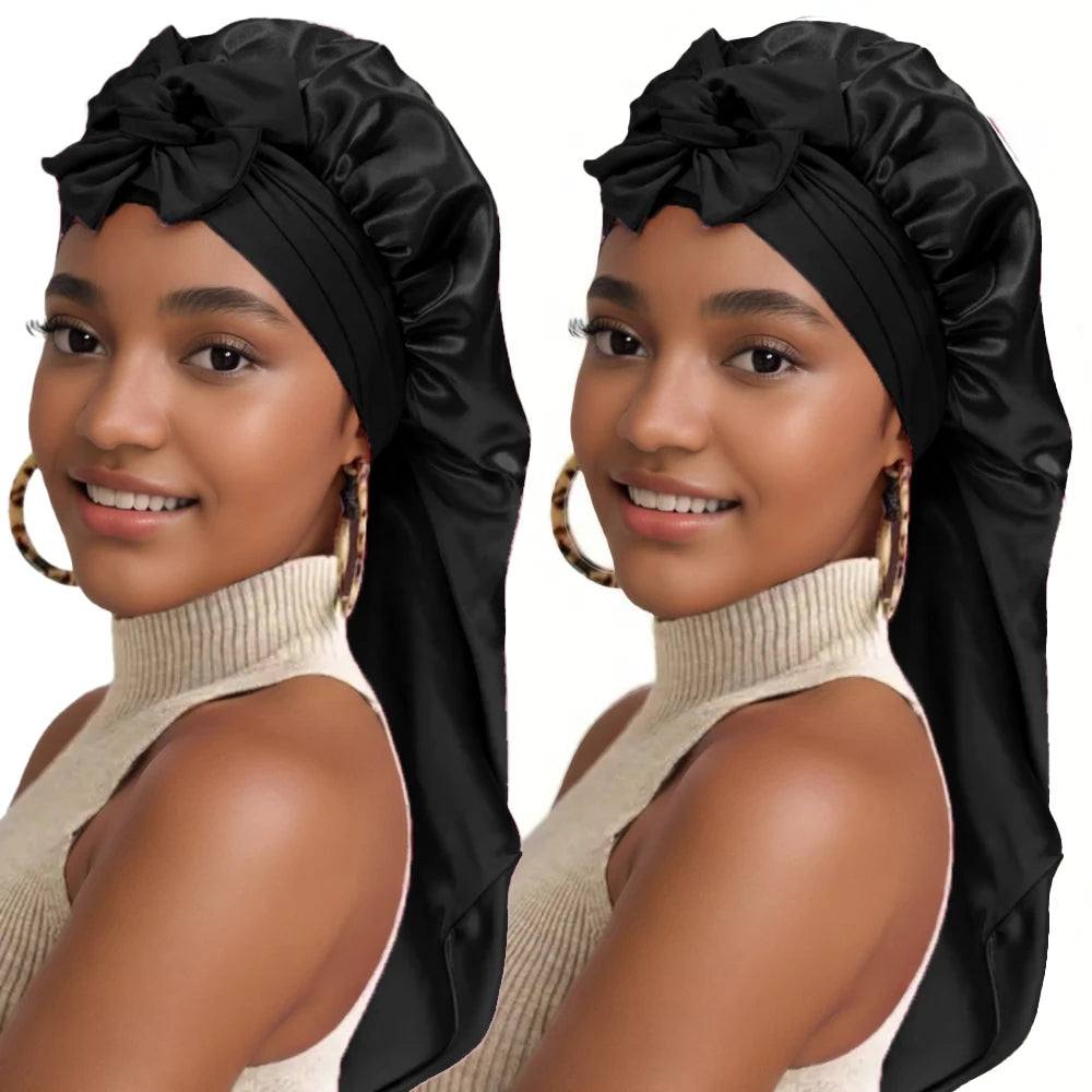 2Pcs Solid Color Bowknot Braid Bonnet Classic Long Satin Bonnets Soft Women Sleeping Night Cap Breathable Hair Bonnets
