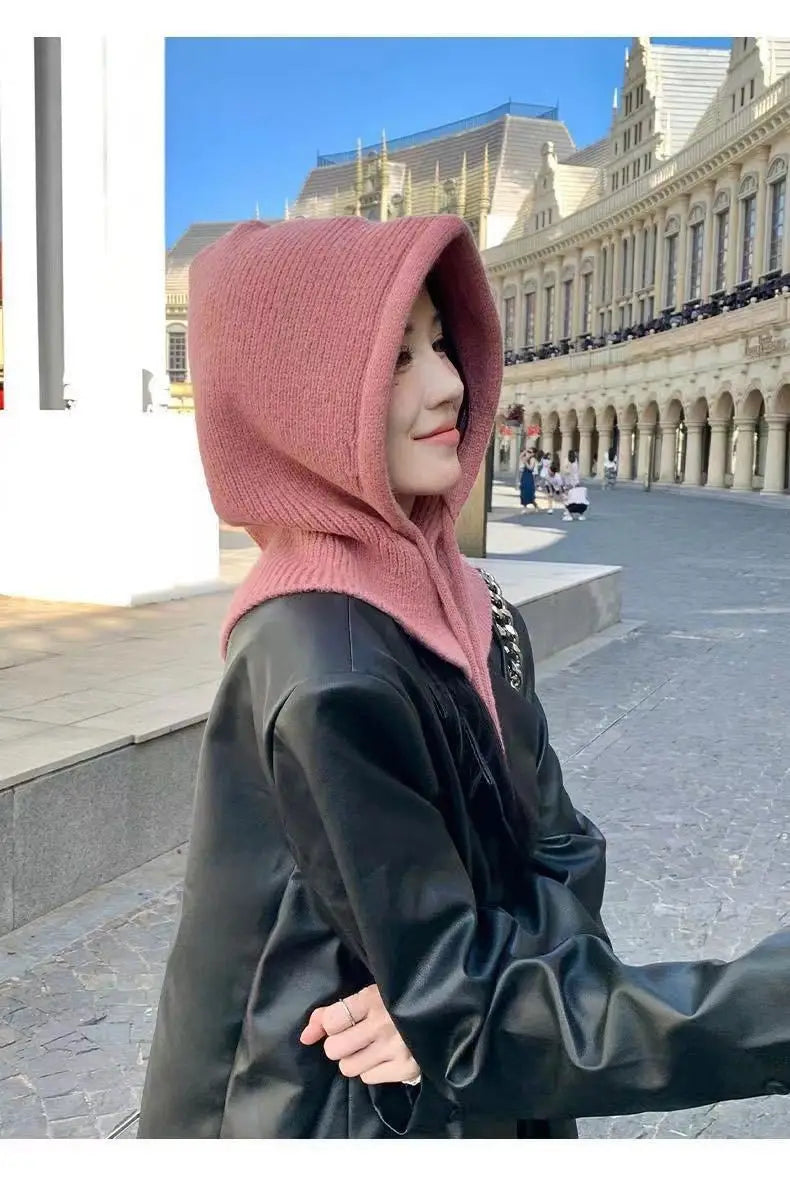 Knitted Hooded Caps Winter Balaclava Hats Women Korean Style Outdoor Warmer Drawstring Hats One-piece Neck Collar Beanies Cap