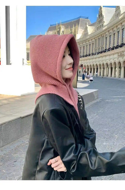 Knitted Hooded Caps Winter Balaclava Hats Women Korean Style Outdoor Warmer Drawstring Hats One-piece Neck Collar Beanies Cap
