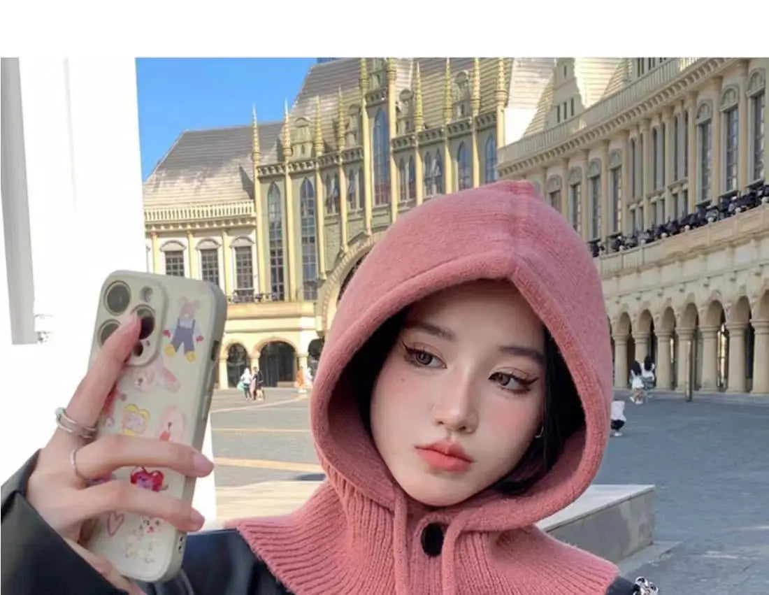 Knitted Hooded Caps Winter Balaclava Hats Women Korean Style Outdoor Warmer Drawstring Hats One-piece Neck Collar Beanies Cap