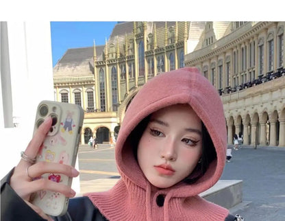 Knitted Hooded Caps Winter Balaclava Hats Women Korean Style Outdoor Warmer Drawstring Hats One-piece Neck Collar Beanies Cap