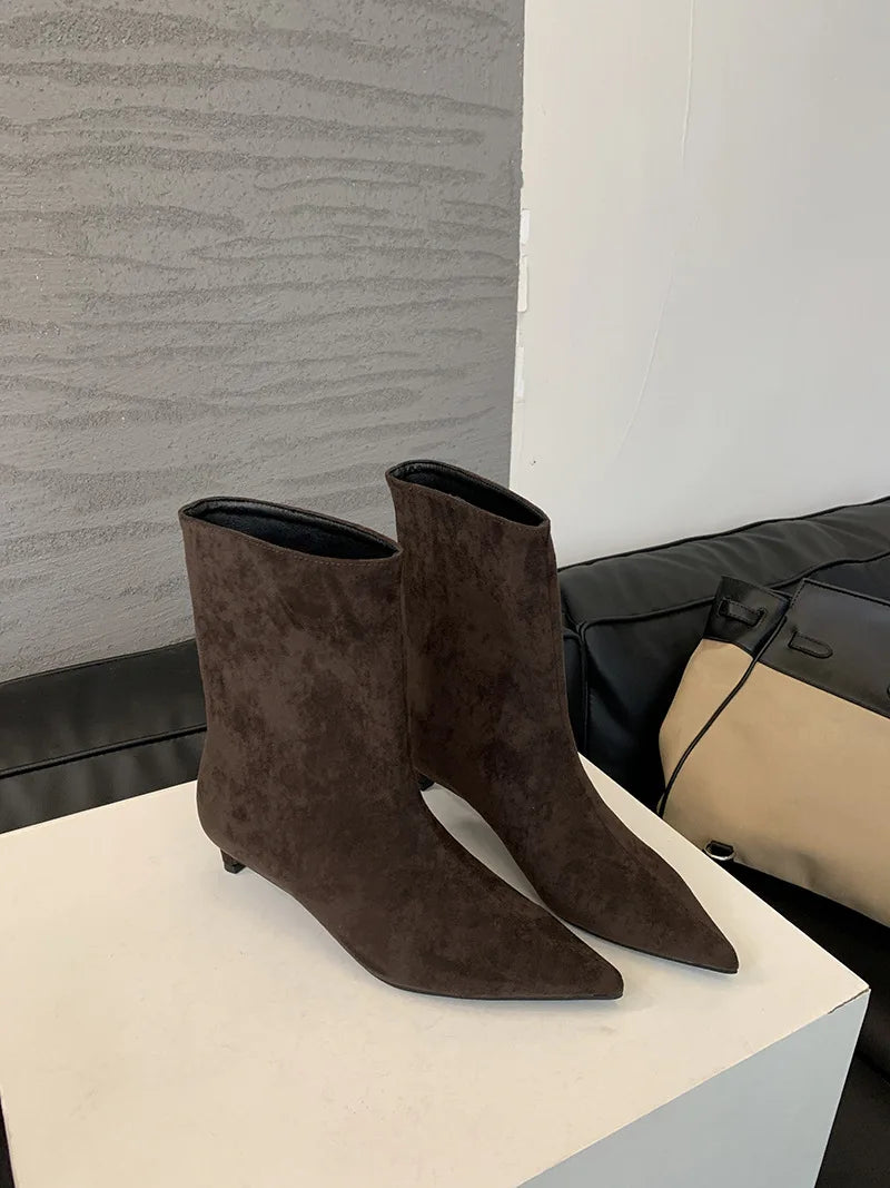 Autumn Winter Pointed Toe Ankle Boots Women Designer Vintage Thin Low Heel Shoes Modern SHort Botas Zapatos De Mujer
