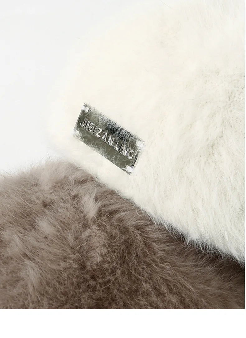 Women Reversible Rabbit Fur Beret Winter Warm Double Sided Knit Hat Retro Painter Cap for Oval Round Face