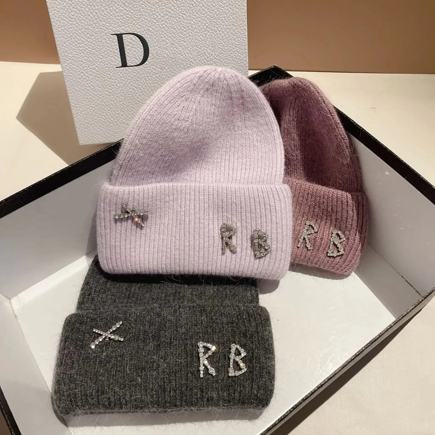 New Real fashion rabbit hair diamond letter hat Women's Winter warm knit hat Designer women's casual hat ski hat