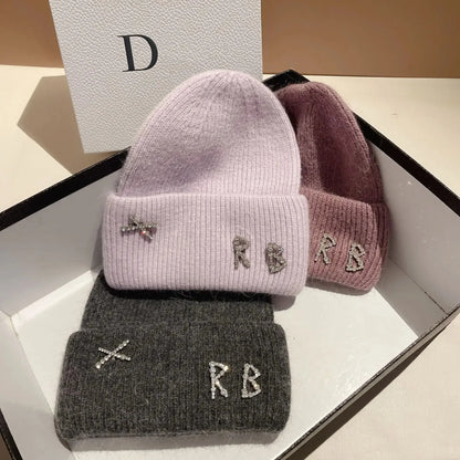 New Real fashion rabbit hair diamond letter hat Women's Winter warm knit hat Designer women's casual hat ski hat