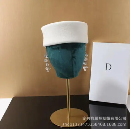 Women Wool Felt Berets Hat Vintage Hard Top Concave Top Fedoras Hats Wedding Fascinator Hats Wedding Cocktail Party Pillbox Cap