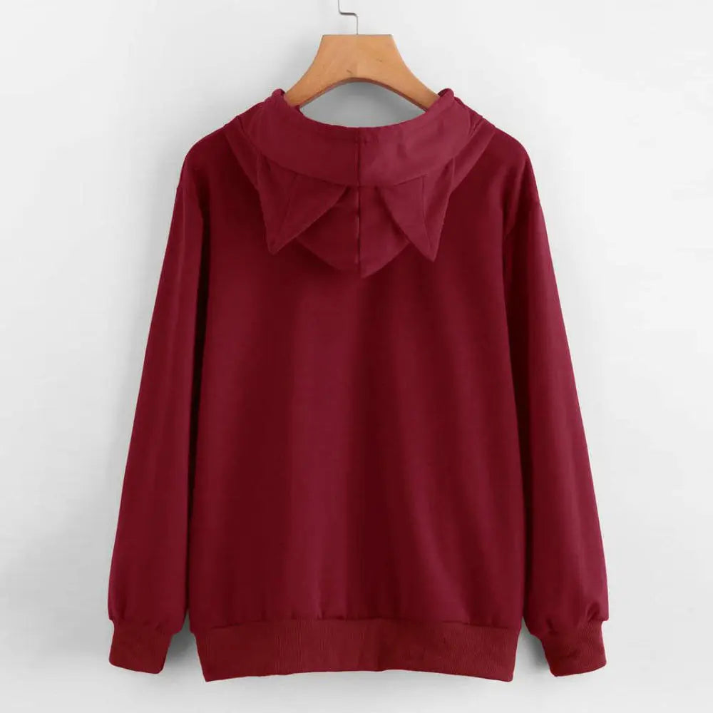 Long Sleeve Hoodies Sweatshirt For Women Cute Cat Print and Ear Kangaroo Pocket Drawstring Hooded Jogger Pullover Tops