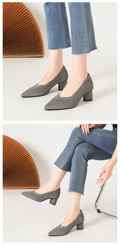 Women's high heels, pointed knit breathable and comfortable shoes (5cm high), new for autumn 2024