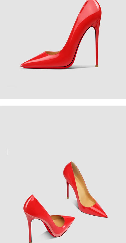 Red pointed high-heeled shoes for women 2025, new slim heel patent leather French sexy plus size black professional single shoes