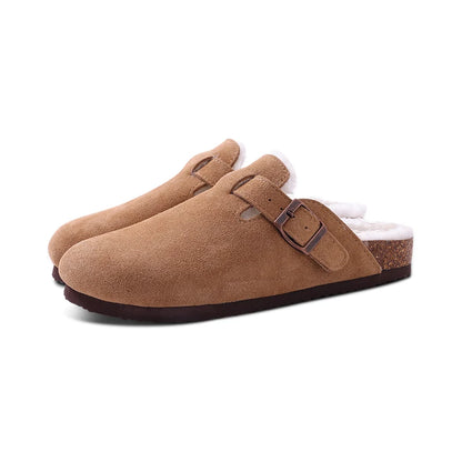 Comwarm Fur Lined Clogs For Women Men Winter Fuzzy Cork Slippers Fur Cork Mules Short Plush House Cork Shoes Winter zuecos mujer