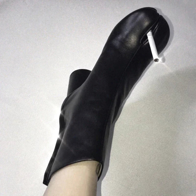 Luxury Brand Design Leather Tabi Boots Fashion Round Chunky High Heel Ankle Boots For Women Autumn Winter Split Toe Shoes