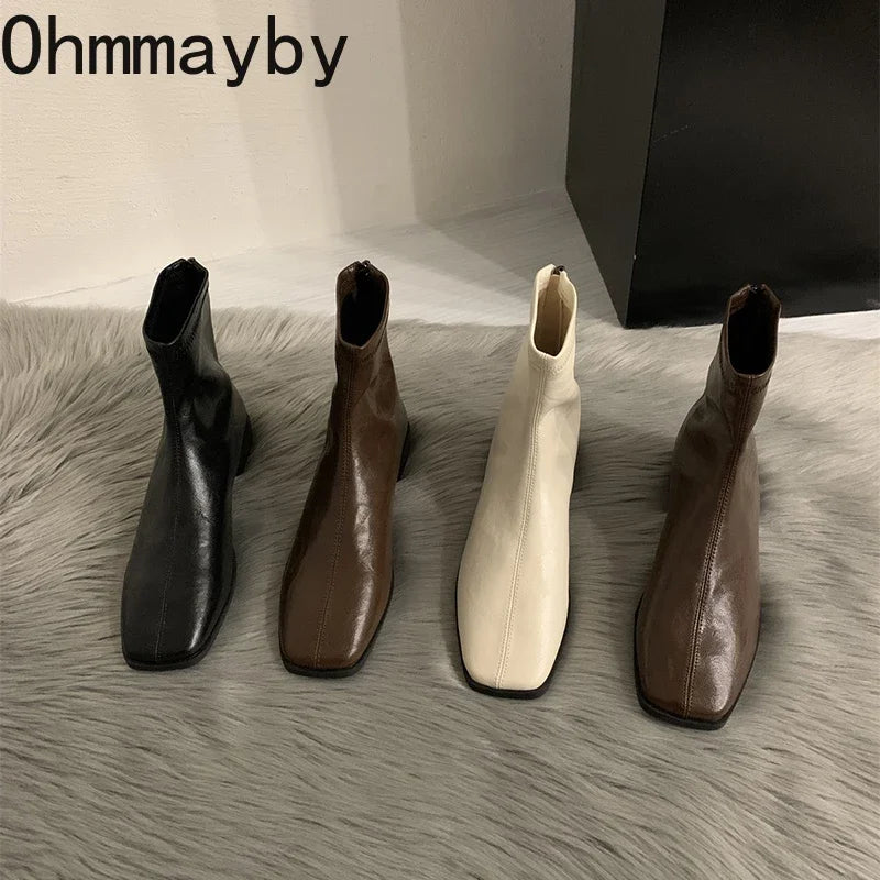 2026 Spring Autumn Women Modern Ankle Boots Fashion Square Toe Short Booties Ladies Casual Low Heel Shoes