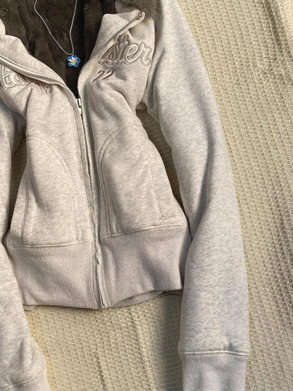 Y2k Aesthetic Vintage Fur Patchwork Hoodies Autumn Grunge Letter Embroidery Hoody Streetwear Cropped Zipper Sweatshirt Jackets