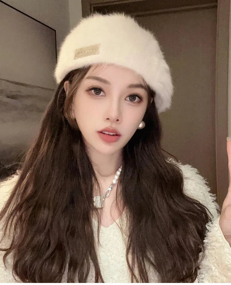 Women Reversible Rabbit Fur Beret Winter Warm Double Sided Knit Hat Retro Painter Cap for Oval Round Face