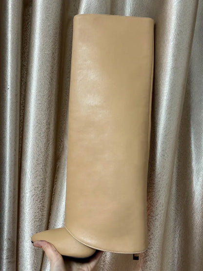 Autumn and Winter New Women's Knee High Leather Boots, Pointed Thin High-heeled Skirt Boots, Black Plus Size Long Boots