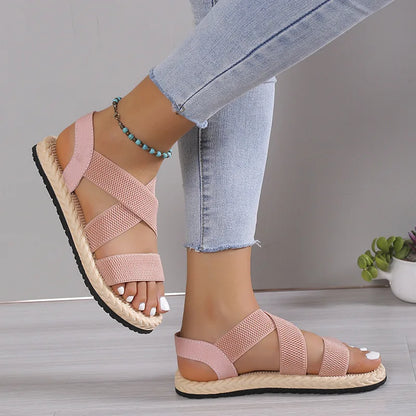 Fashion Women's Trend Anti-Slip Wear Comfortable Matching Color Sole Pure Black Shoelace Flat Sandals