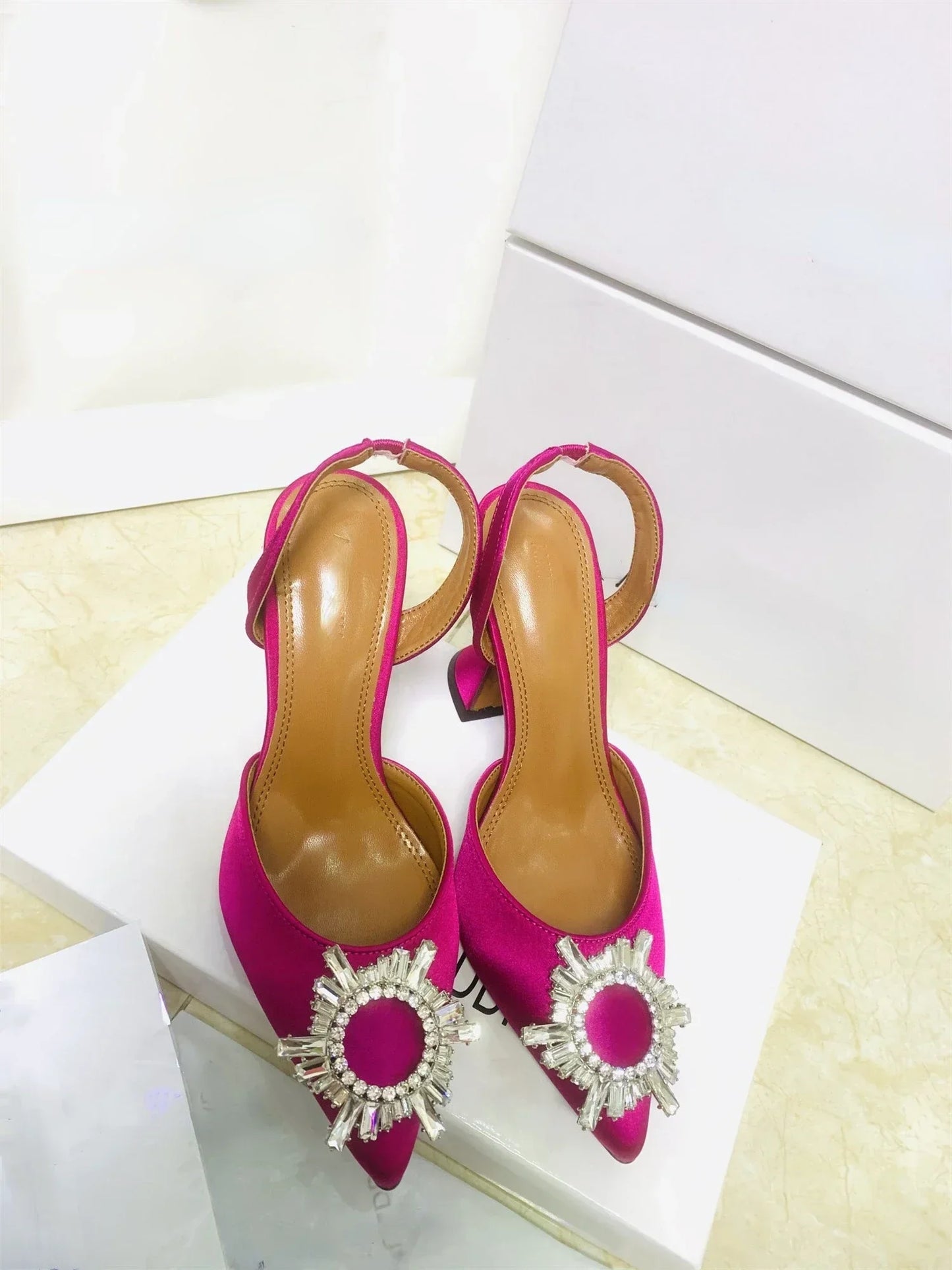 2026 Spring Autumn EU US Satin Slingback Women Sandals Pointed Flared Heels Sun Rhinestone Crystal Wedding Party Dress Heels