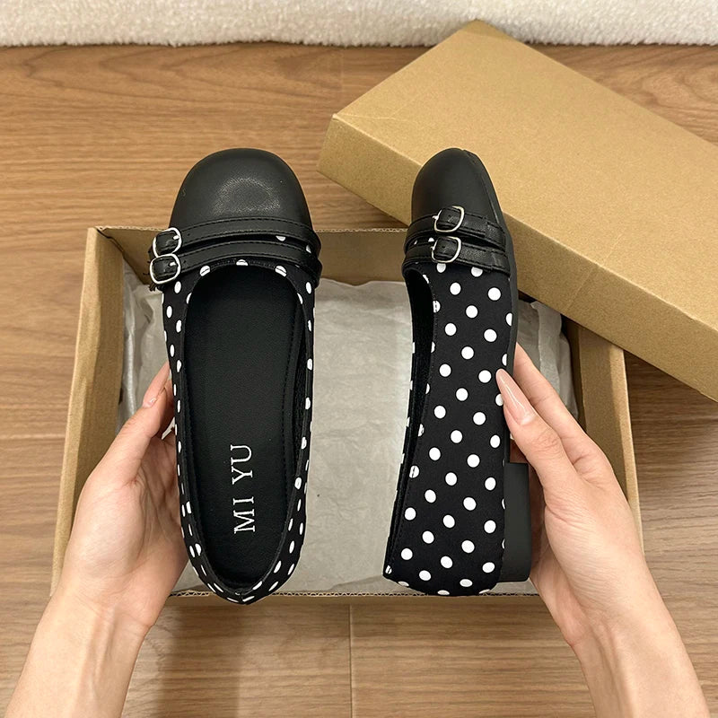 Polka Dot Women Ballet Flats Comfortable Round Toe Slip On Shoes 2026 New Spring Autumn Vintage Ladies Dress Mary Jane Shoes