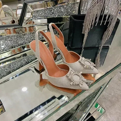 2026 Spring Autumn EU US Satin Slingback Women Sandals Pointed Flared Heels Sun Rhinestone Crystal Wedding Party Dress Heels