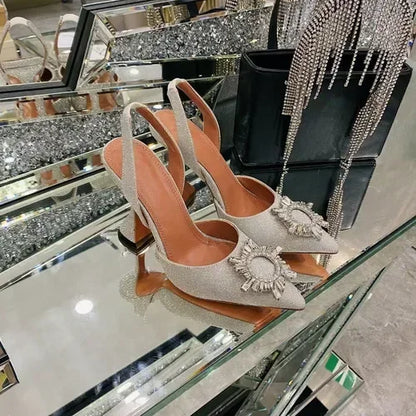 2026 Spring Autumn EU US Satin Slingback Women Sandals Pointed Flared Heels Sun Rhinestone Crystal Wedding Party Dress Heels