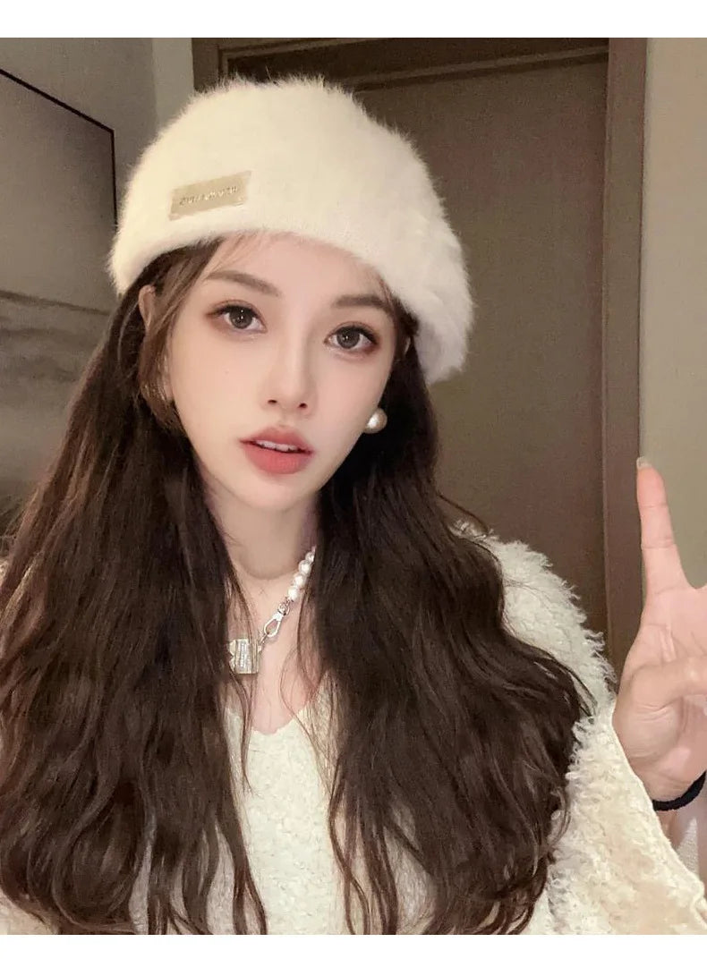 Women Reversible Rabbit Fur Beret Winter Warm Double Sided Knit Hat Retro Painter Cap for Oval Round Face