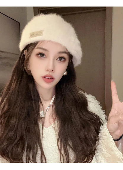 Women Reversible Rabbit Fur Beret Winter Warm Double Sided Knit Hat Retro Painter Cap for Oval Round Face