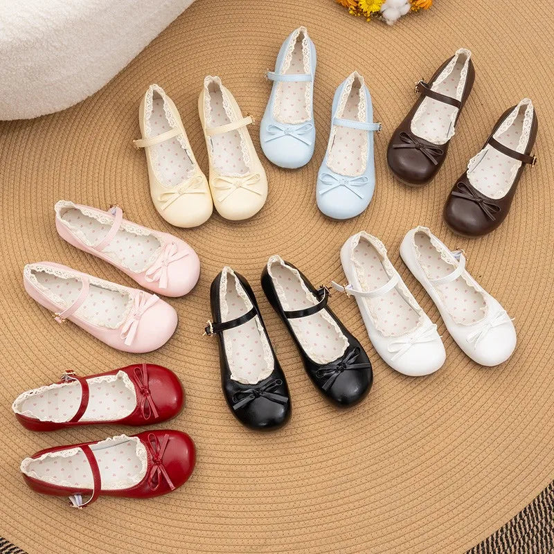 Spring Autumn Pink White Mary Janes Flat Shoes Woman Round Toe Buckle Strap Lolita Girls Student Ballet Flats Plus Size