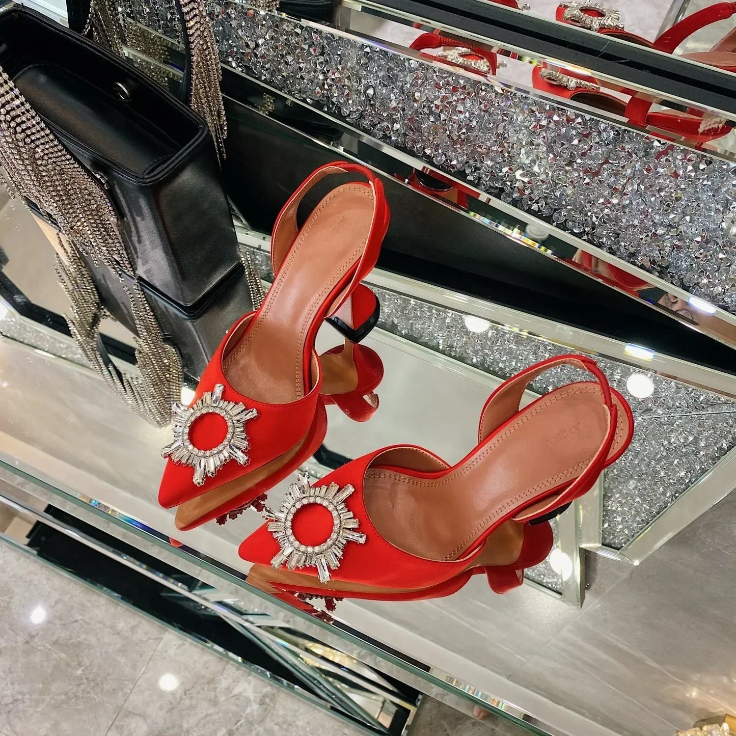 2026 Spring Autumn EU US Satin Slingback Women Sandals Pointed Flared Heels Sun Rhinestone Crystal Wedding Party Dress Heels