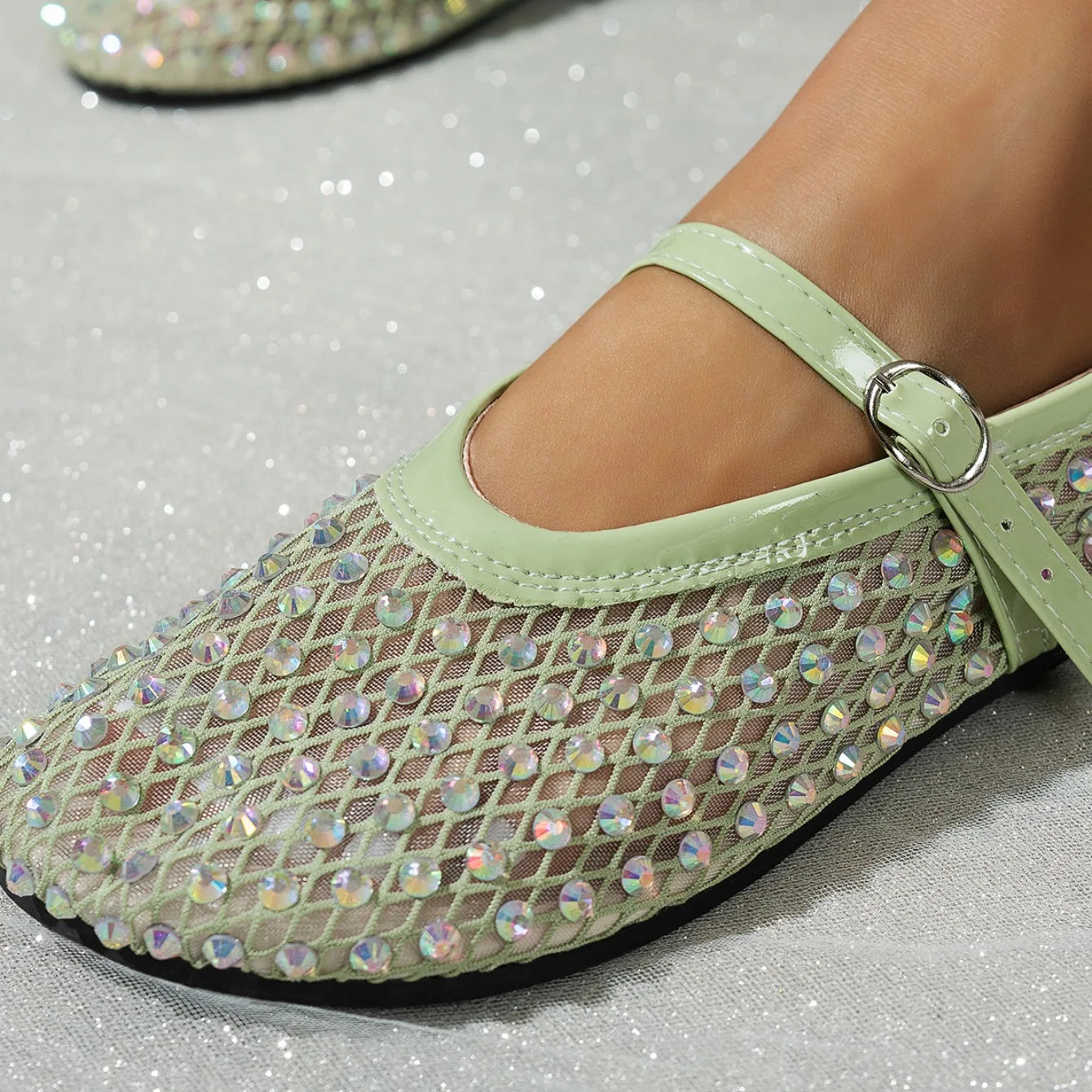 Women's Mary Jane Flats 2026 Spring Autumn Fashionable Women's Shoes Breathable Mesh Rhinestone Decorated Large Size Mesh Shoes