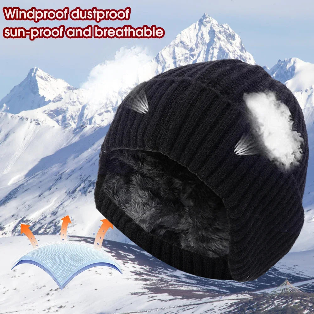 Men Winter Knitted Hat with Neck Scarf Plush Warmth Peaked Cap Earmuff 2025 Fashion Faux Fur Bomber Hats Cycling Ear Protection