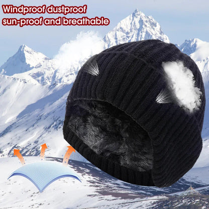 Men Winter Knitted Hat with Neck Scarf Plush Warmth Peaked Cap Earmuff 2025 Fashion Faux Fur Bomber Hats Cycling Ear Protection