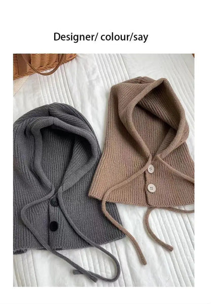 Knitted Hooded Caps Winter Balaclava Hats Women Korean Style Outdoor Warmer Drawstring Hats One-piece Neck Collar Beanies Cap