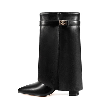 Autumn Winter New Pointed Metal Buckle Knee High Women's Boots, Thick High-heeled Pants Boots, Fashionable Mid Leg Boots