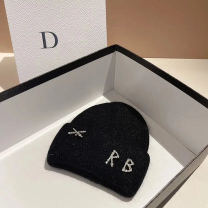 New Real fashion rabbit hair diamond letter hat Women's Winter warm knit hat Designer women's casual hat ski hat