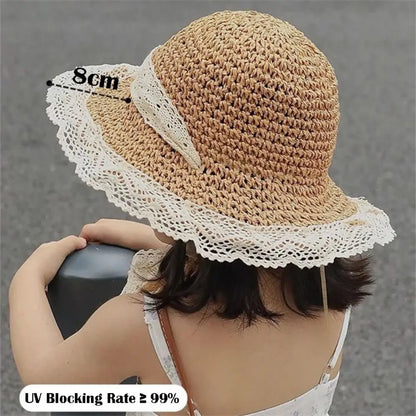 Fashion Lace Baby Hat Summer Straw Bow Baby Girl Cap Beach Children Panama Hat Princess Baby Hats and Caps for Kids 1PC