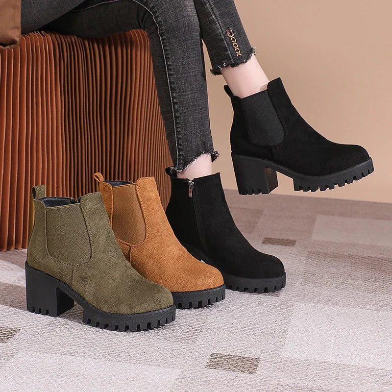 2024 Women Designer Elegant Platform Round Toe Zipper Ankle Boots Women Autumn Winter Comfy Platform Short Boots Shoes for Women