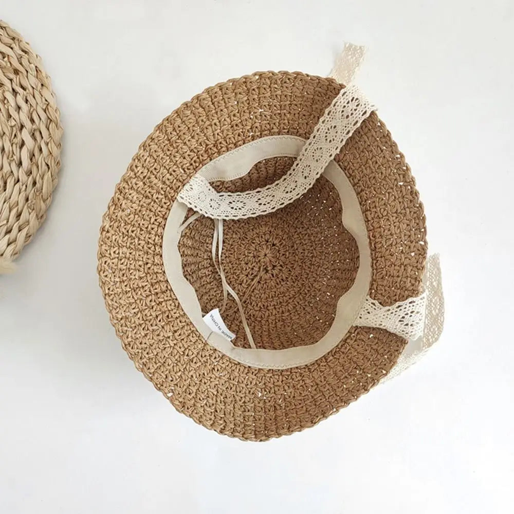 Fashion Lace Baby Hat Summer Straw Bow Baby Girl Cap Beach Children Panama Hat Princess Baby Hats and Caps for Kids 1PC