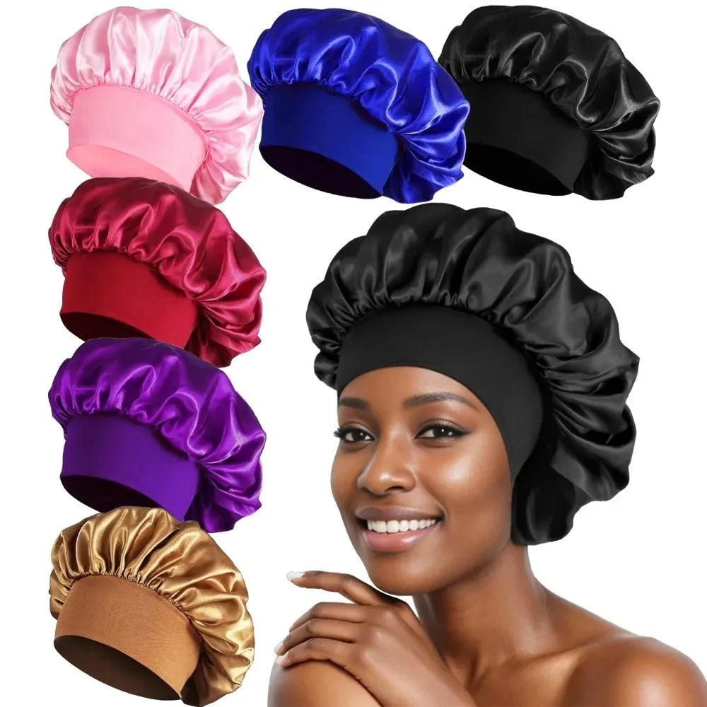 1pcs Newly Silk Bonnet for Wide-brimmed Sleeping Satin Hair Bonnets Soft Elastic Band for Women Men Curly Hair Use