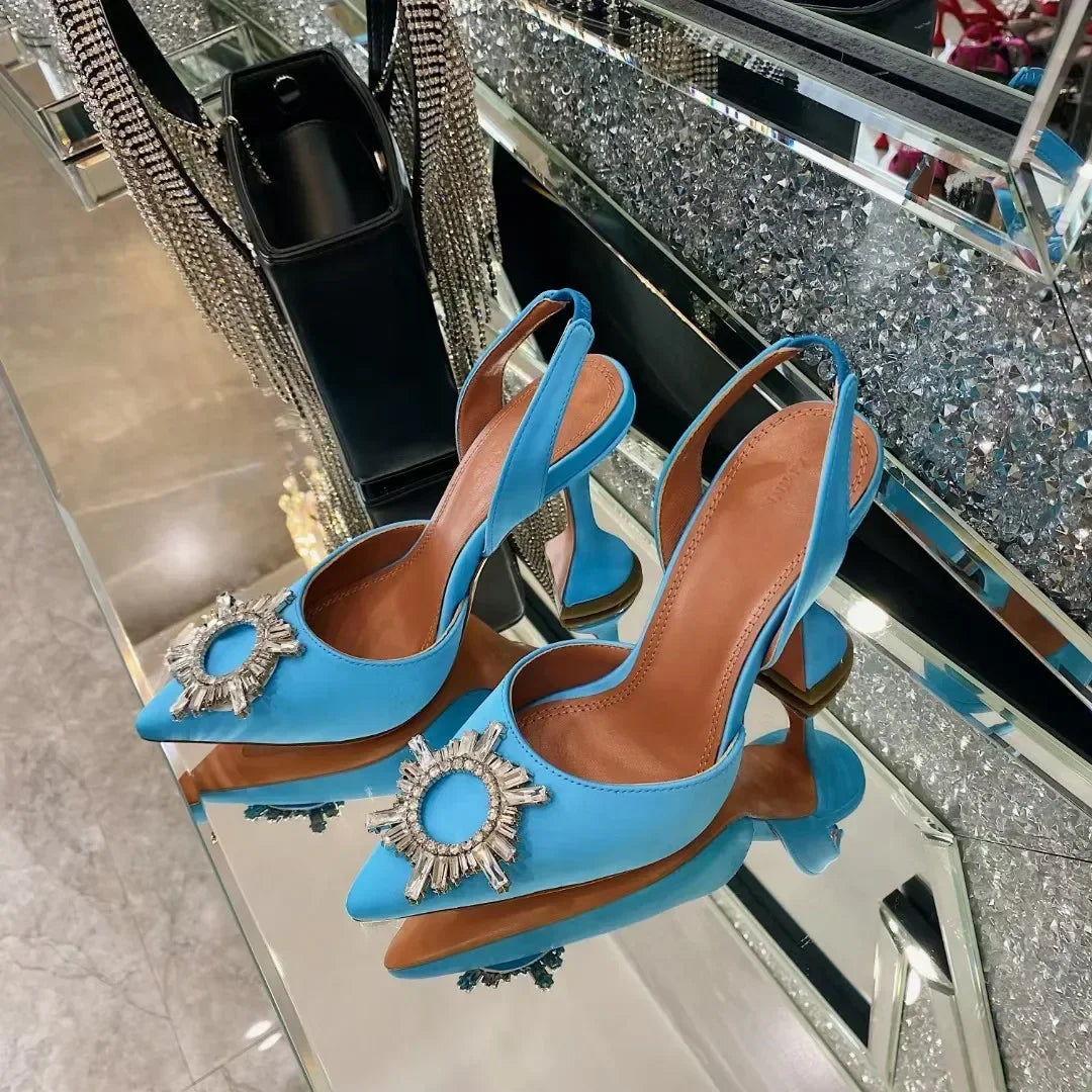 2026 Spring Autumn EU US Satin Slingback Women Sandals Pointed Flared Heels Sun Rhinestone Crystal Wedding Party Dress Heels