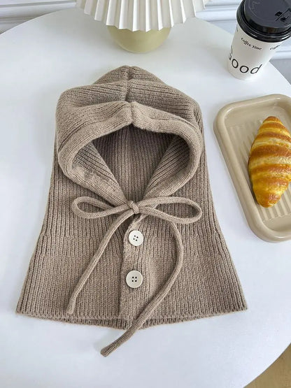 Knitted Hooded Caps Winter Balaclava Hats Women Korean Style Outdoor Warmer Drawstring Hats One-piece Neck Collar Beanies Cap
