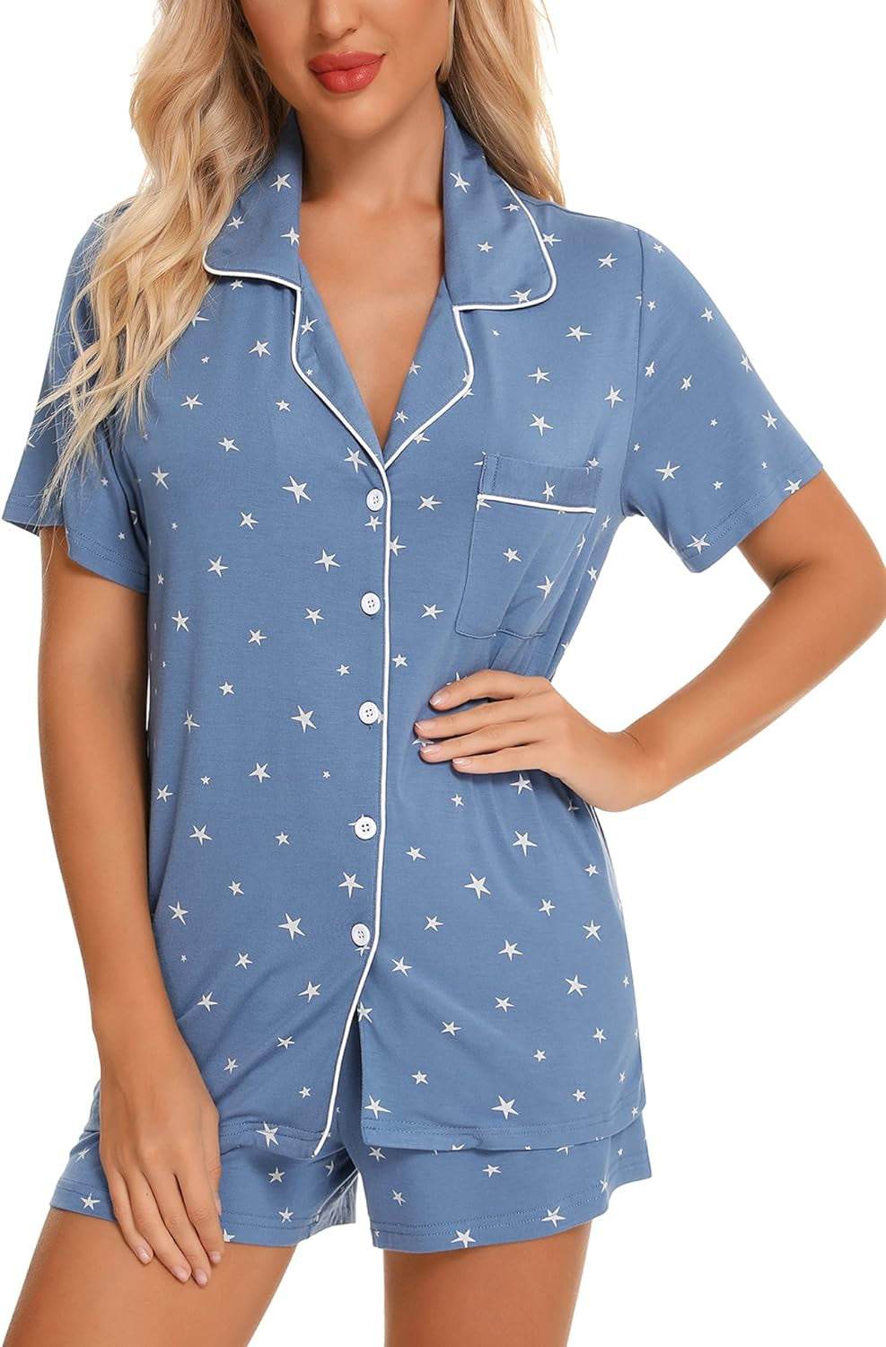 Womens Pajamas Set Short Sleeve Button down Sleepwear 2 Piece Pjs