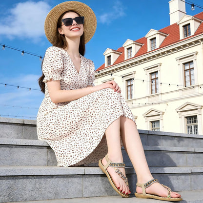 Flat Sandals for Women Summer: Casual Boho Beaded Toe Ring Dress Shoes - Comfortable Vacation Daily Walking Shoes - Miki Guru Store US