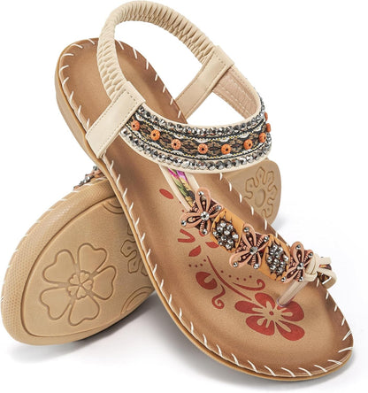 Flat Sandals for Women Summer: Casual Boho Beaded Toe Ring Dress Shoes - Comfortable Vacation Daily Walking Shoes - Miki Guru Store US
