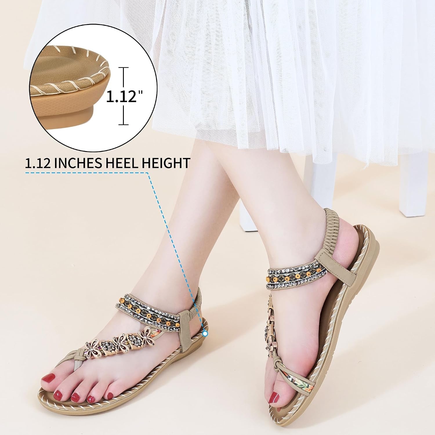 Flat Sandals for Women Summer: Casual Boho Beaded Toe Ring Dress Shoes - Comfortable Vacation Daily Walking Shoes - Miki Guru Store US