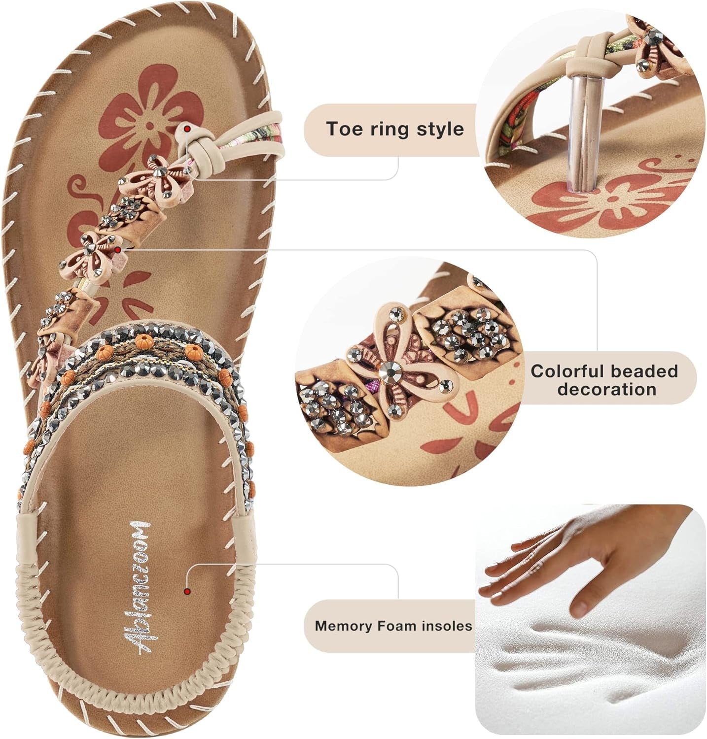 Flat Sandals for Women Summer: Casual Boho Beaded Toe Ring Dress Shoes - Comfortable Vacation Daily Walking Shoes - Miki Guru Store US